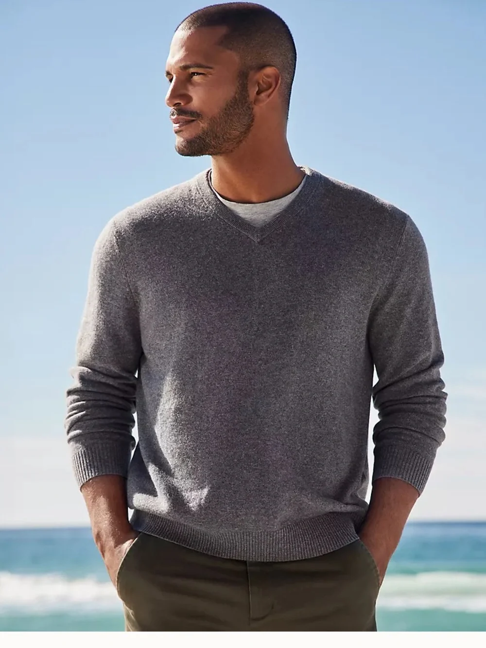 Lands End Men’s V-Neck Cashmere Sweater Charcoal Heather size Medium Tall NWOT